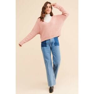 Free People Finders Keepers V Neck Boucle Sweater Blush Pink Medium Cozy Warm